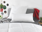 Couette et oreillers blancs sur un lit gris.