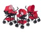 Trois poussettes Chicco rouges dans différentes configurations.
