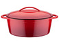 Cocotte en fonte rouge avec couvercle.