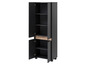 Une armoire noire avec des portes ouvertes et des étagères.