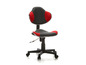 Un fauteuil de bureau noir et rouge avec des roulettes.