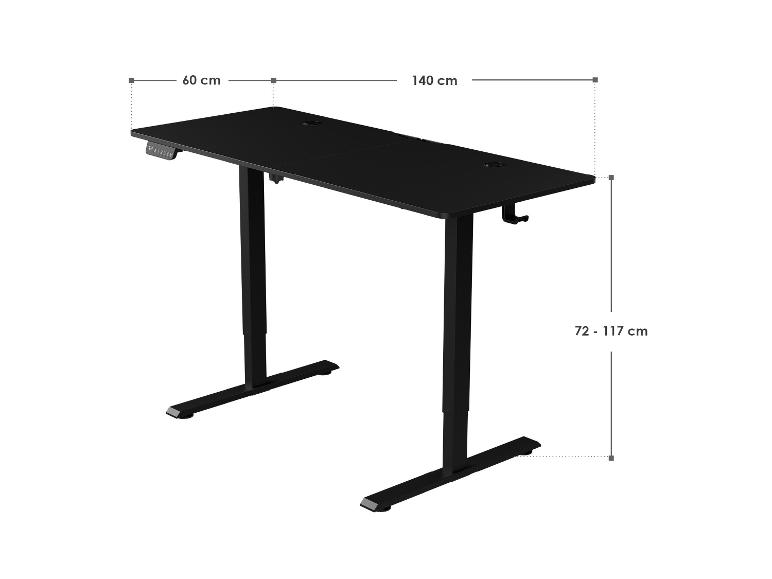 Bureau réglable en hauteur noir, plateau 140x60 cm, hauteur 72-117 cm.