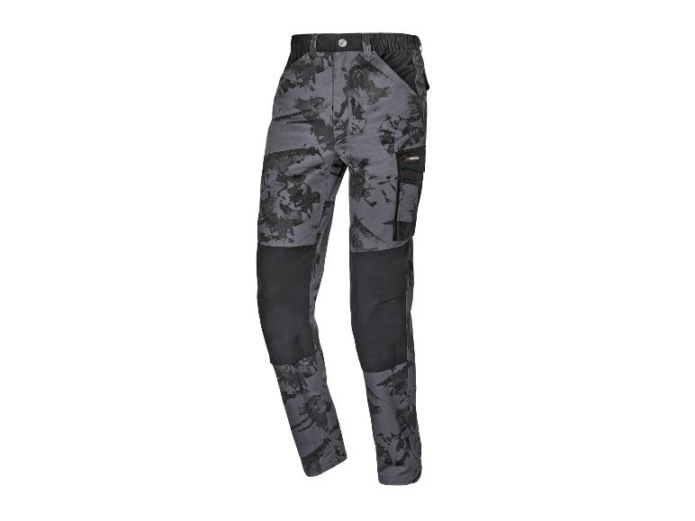 Un pantalon de travail Parkside gris à motif camouflage.
