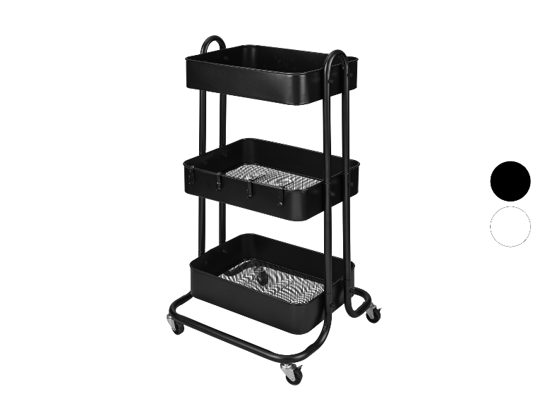 Chariot de rangement noir à 3 niveaux avec roulettes et paniers grillagés