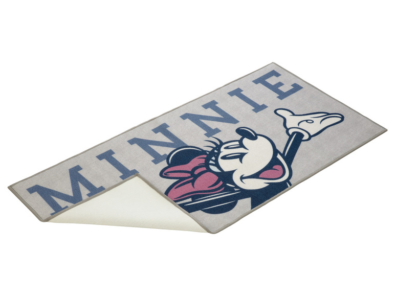Un tapis gris avec Minnie Mouse et le texte 'Minnie'