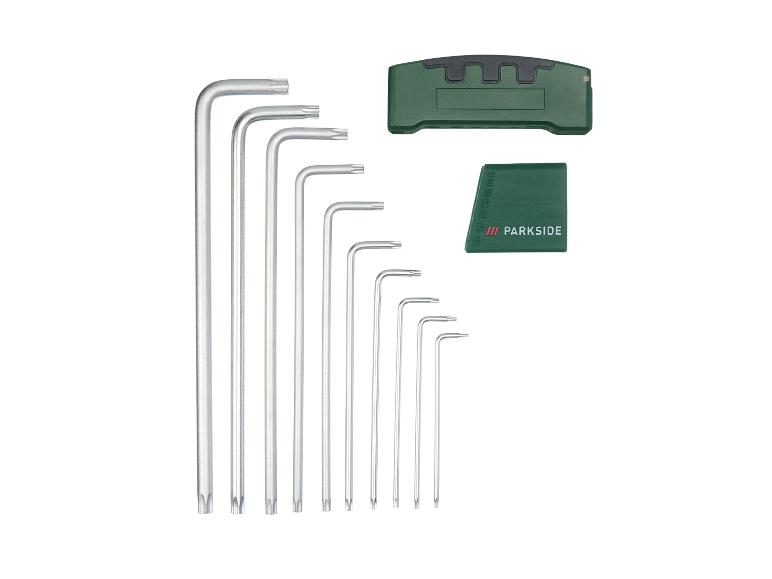 Jeu de clés Torx en L de différentes tailles avec un étui vert.