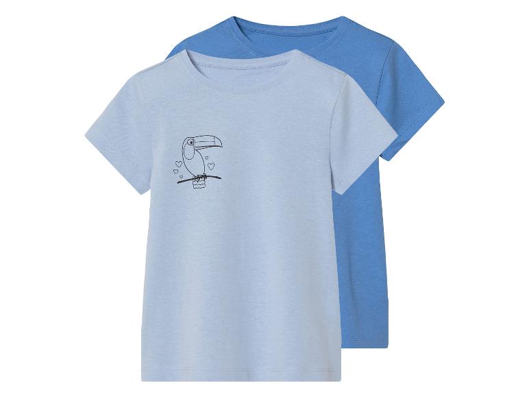 Deux t-shirts pour enfant, bleu clair et bleu, avec toucan.