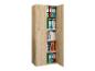Armoire de bureau couleur bois avec classeurs et livres, certaines portes ouvertes.