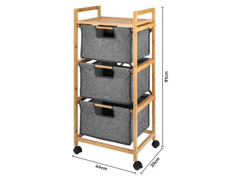 Chariot de rangement en bambou avec trois tiroirs en tissu gris et roulettes, 91x44x33 cm.