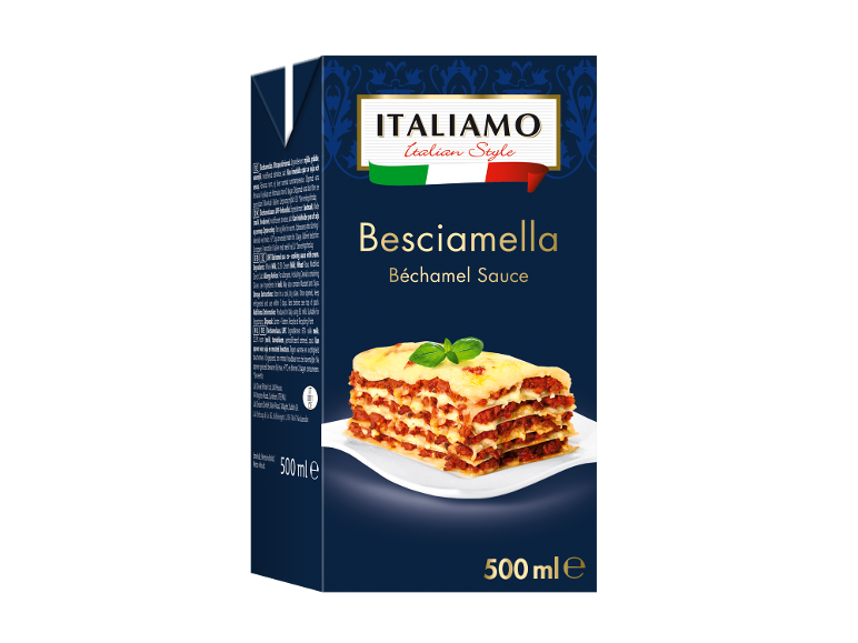 Sauce béchamel en emballage de 500 ml avec lasagnes et texte multilingue.