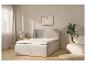 Lit rembourré avec tête de lit haute, matelas et surmatelas, table de chevet, lampe et plante.