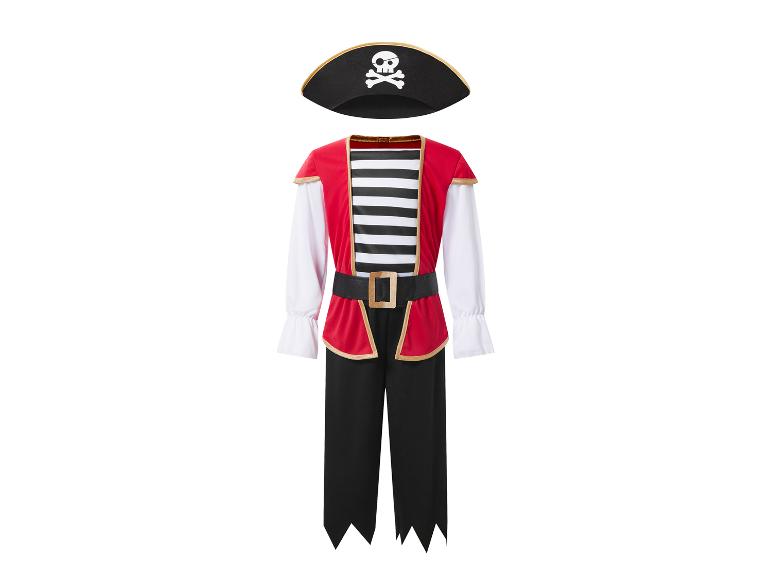 Déguisement de pirate pour enfant avec gilet rouge, t-shirt rayé, pantalon noir et chapeau tête de mort.