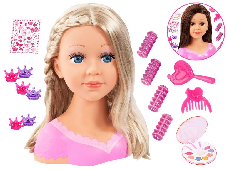 Tête à coiffer blonde avec maquillage, bigoudis, peigne, brosse, pinces couronnes et autocollants.