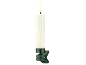 Bougie LED blanche avec flamme vacillante et pince de fixation verte.