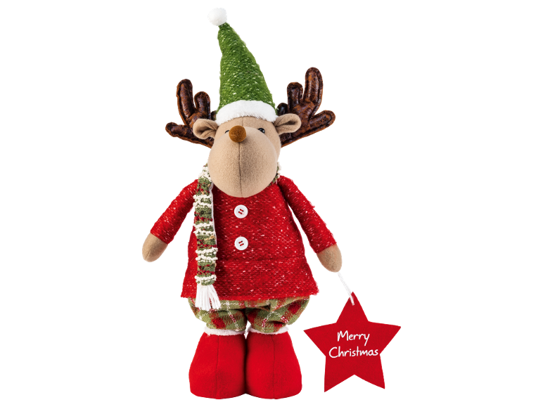 Renne en peluche de Noël avec un chapeau vert et une écharpe, tenant une étoile rouge.