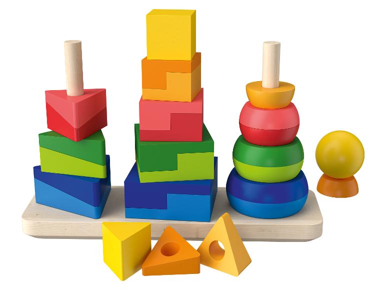 Jouet en bois pour enfants avec des blocs et des boules de couleurs.