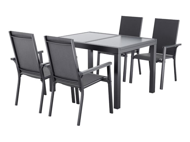 Ensemble de salle à manger d'extérieur gris foncé avec table carrée et quatre chaises