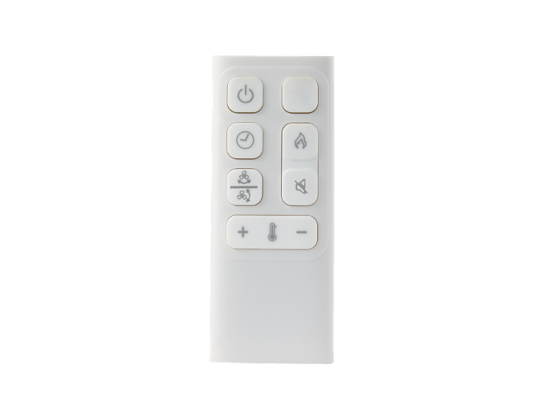 Télécommande blanche avec boutons d'alimentation, minuterie, ventilateur, flamme, muet et température.