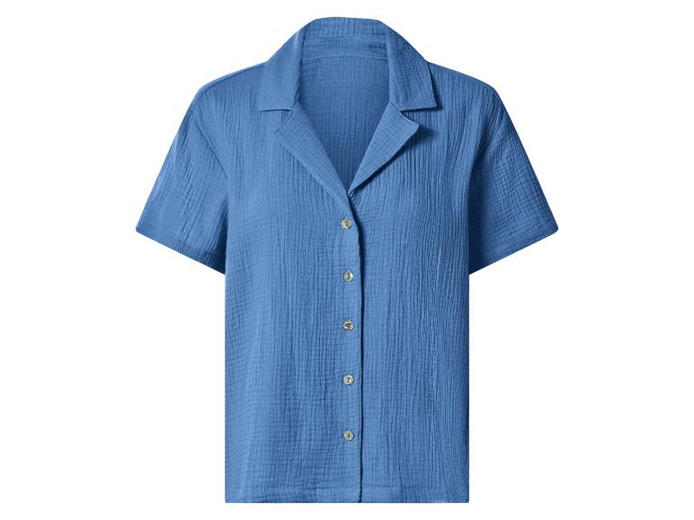 Chemise femme à manches courtes en coton boutonnée, de couleur bleue.