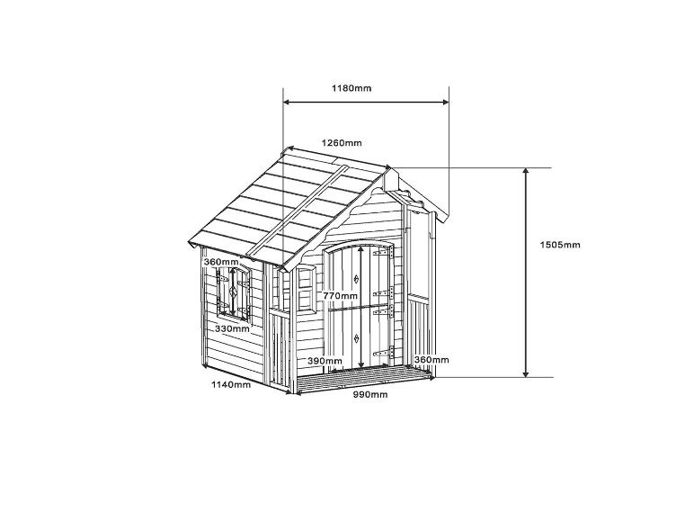 Petite cabane de jeu en bois avec dimensions : hauteur 1505 mm, largeur 1180 mm et profondeur 1140 mm.