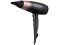 Sèche-cheveux noir et or rose avec embout et commandes.