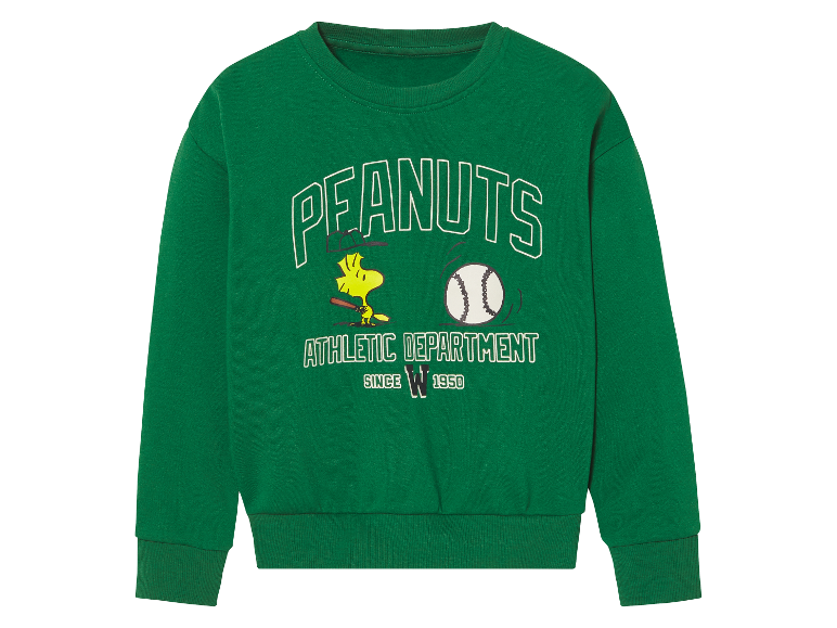 Sweat-shirt vert Peanuts avec Snoopy jouant au baseball.