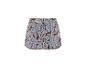 Short femme à motif cachemire bleu et marron, avec bordure à pompons.
