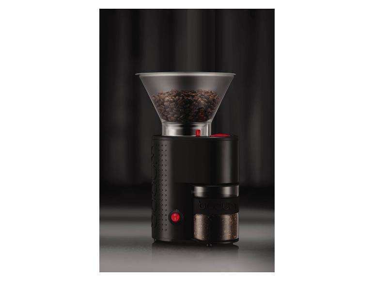 Moulin à café noir avec réservoir à grains transparent et récipient pour café moulu.