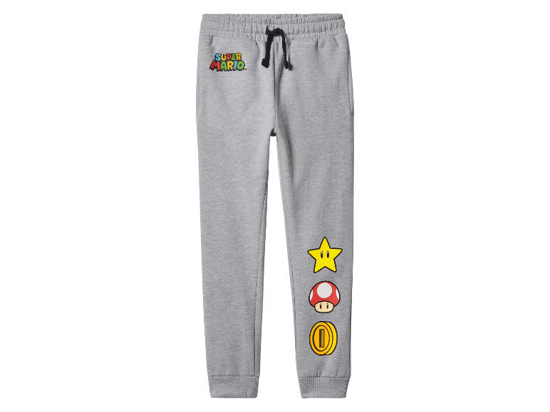 Pantalon de jogging gris Super Mario pour enfants avec icônes.