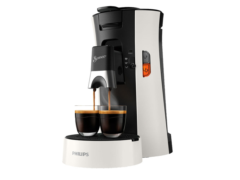 Machine à café Philips Senseo avec deux tasses de café.