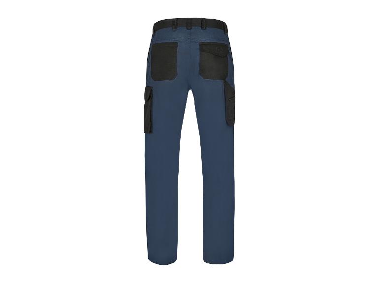 Vue arrière d'un pantalon de travail bleu marine avec des poches noires.