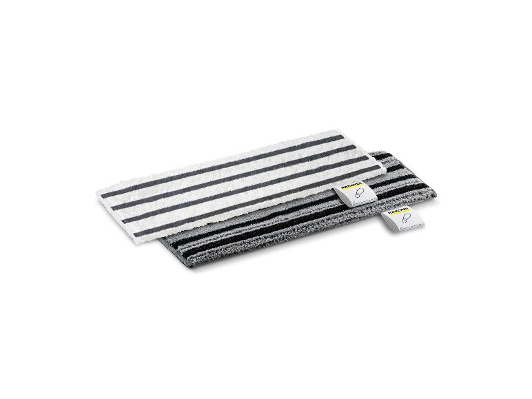 Deux chiffons de sol en microfibre rayés, un blanc et un gris, avec de petites étiquettes.