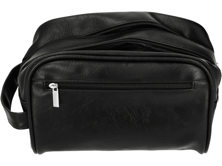 Trousse de toilette en cuir noir avec fermetures éclair et poignée.