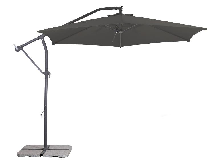 Parasol suspendu gris avec base en béton.