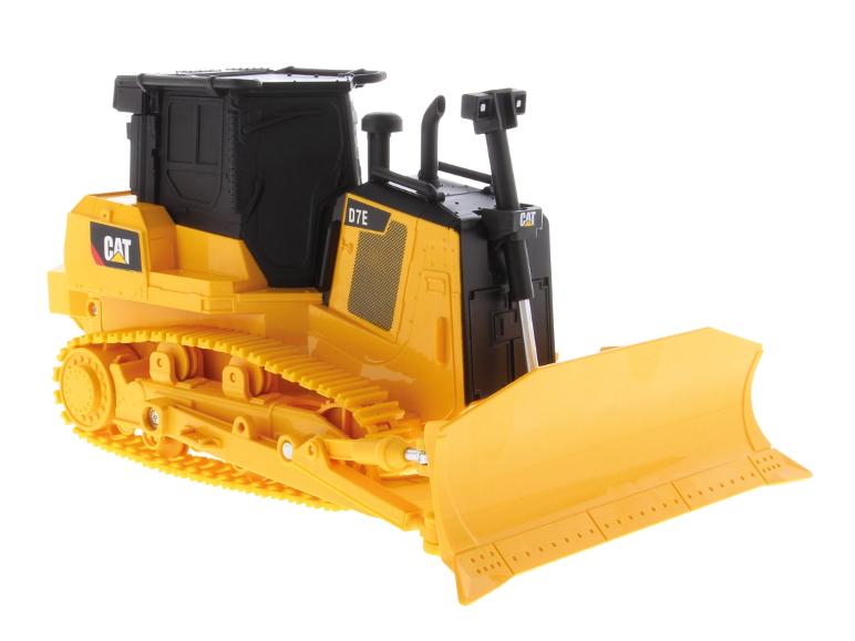 Un bulldozer jouet Caterpillar D7E jaune et noir.