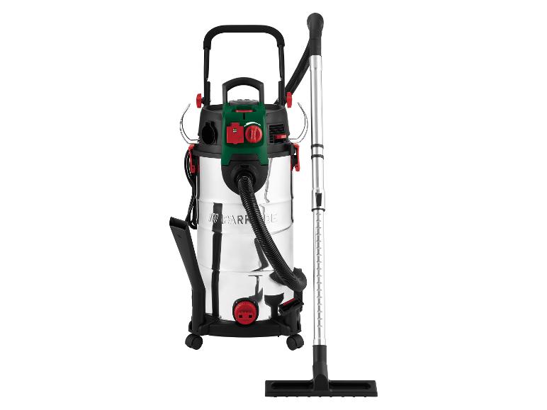 Aspirateur eau et poussière avec réservoir en acier inoxydable et accessoires.
