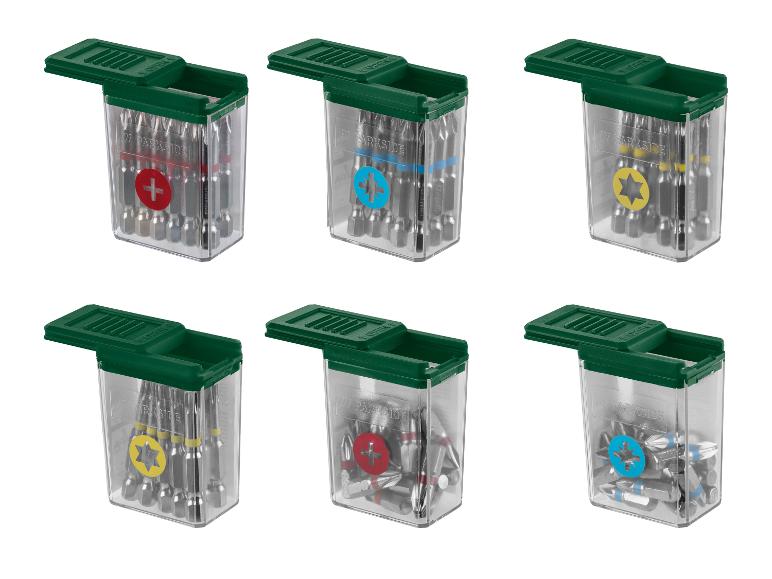 Six jeux d'embouts de tournevis Parkside dans des conteneurs transparents avec des couvercles verts.