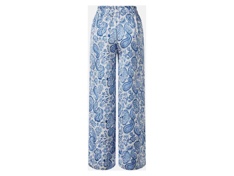 Pantalon blanc à motif cachemire bleu avec taille élastique.
