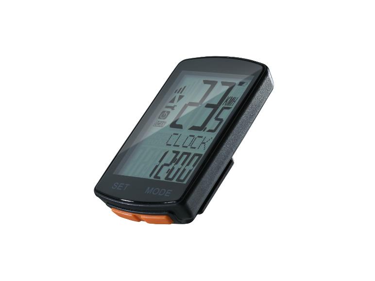 Compteur de vélo noir avec affichage numérique, indiquant la vitesse et l'heure.