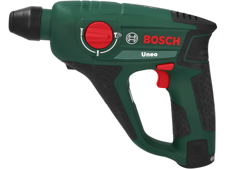 Perforateur sans fil vert avec commandes rouges.