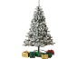 Sapin de Noël floqué avec des cadeaux emballés en or, vert et rouge à la base.