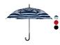 Un parapluie rayé bleu et blanc avec une poignée noire.
