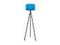 Lampe sur pied bleue à abat-jour cylindrique et pied tripode.