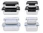 Récipients alimentaires en acier inoxydable avec couvercles en plastique noirs et transparents, de différentes tailles.