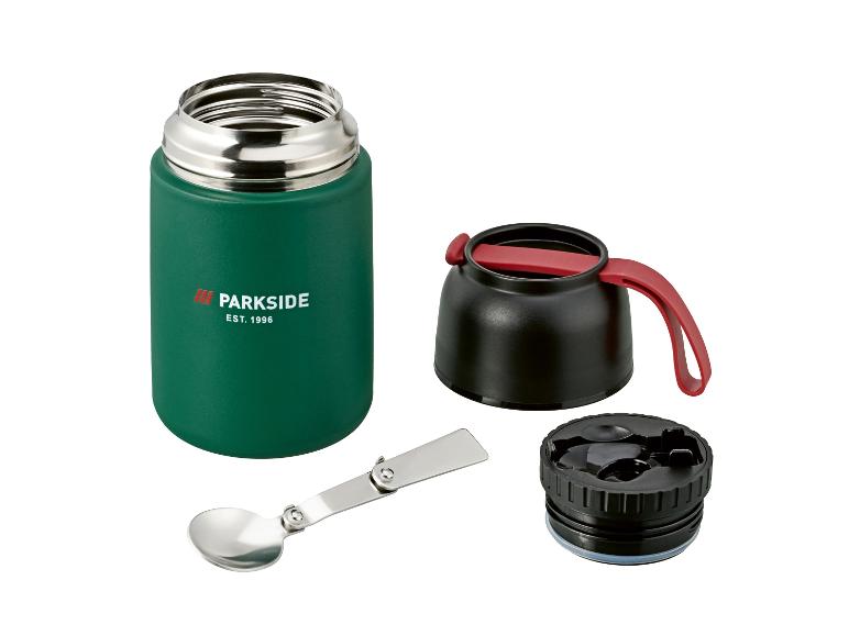 Thermos alimentaire vert avec cuillère pliante argentée, bouchon noir et tasse.