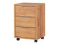 Un bureau en bois avec trois tiroirs sur roulettes.