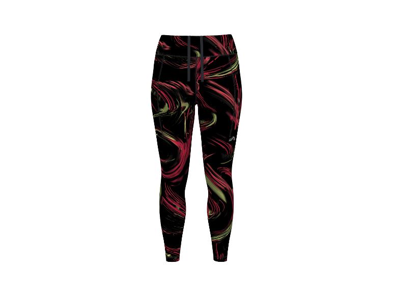 Legging de sport femme avec motif ondulé noir, rouge et vert.