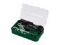 Kit de fer à souder dans une mallette en plastique vert avec couvercle transparent, incluant soudure et support.