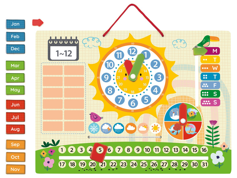 Un tableau magnétique avec une horloge, un calendrier et des jours de la semaine.