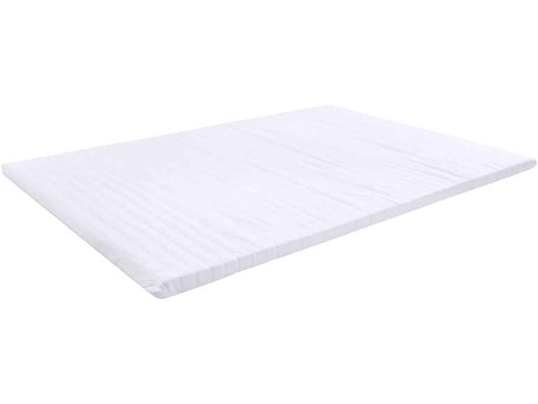 Matelas ou surmatelas blanc avec une texture côtelée, positionné en diagonale.